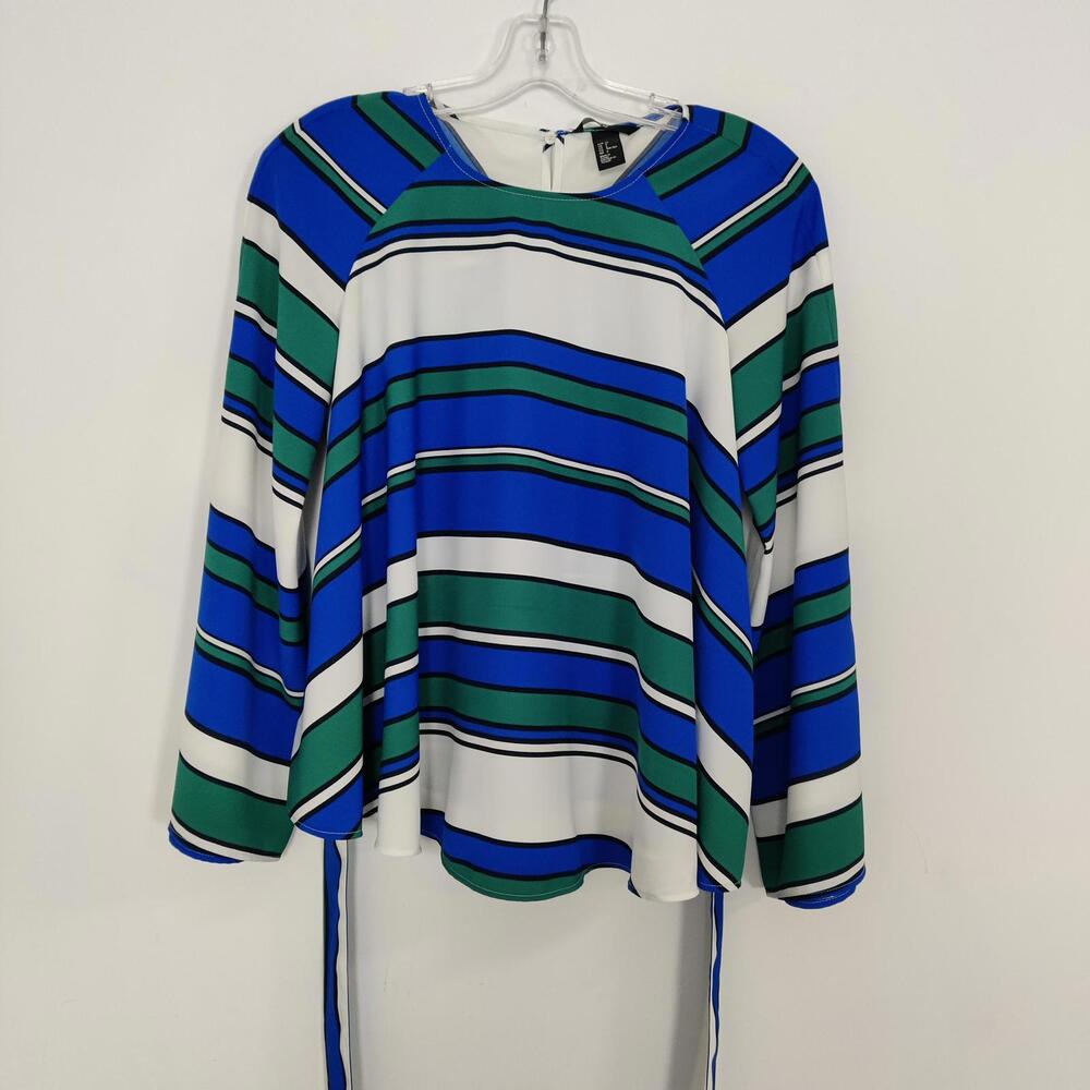 H&M Blue Green Striped Tie‑Waist Blouse Women’s US 2 Oversized